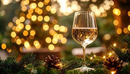 Wine glass filled with champagne surrounded by pine branches and golden festive lights, concept of christmas celebration, seasonal warmth and holiday atmosphere
