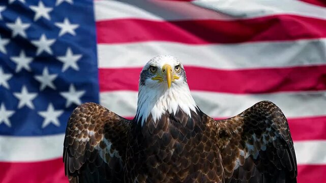 Majestic Bald Eagle Close Up with American Flag Blurred in Background Patriotic USA National Symbol of Freedom and Strength
