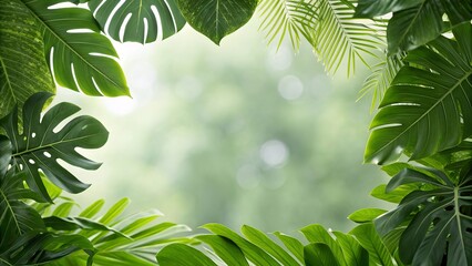 Lush green tropical leaves forming a vibrant natural frame around the edges, perfect for text or design placement