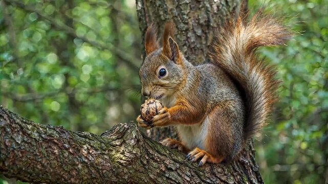 Adorable red squirrel eating a nut on a textured tree branch in a sunny natural forest. Detailed wildlife photography