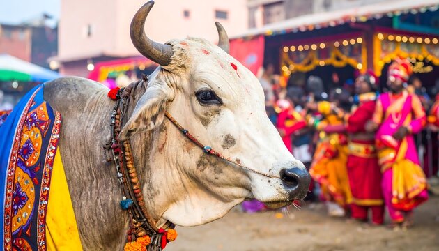 A decorated cow takes center stage at a vibrant festival, showcasing colorful attire and festive atmosphere.