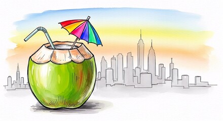 Tropical coconut drink with city skyline background watercolor illustration