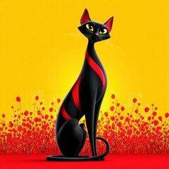 A charming oriental cat displays its elegance while sitting upright against a vivid yellow backdrop. Red flowers enhance the playful atmosphere, giving it a whimsical, animated quality.