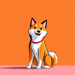 A charming Shiba Inu is sitting happily with an inviting expression, set against a bright orange backdrop. This cute character captures the essence of joy and playfulness in a vibrant cartoon style.