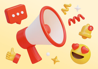 Cartoon Style megaphone with Social network Icons 3D graphic

