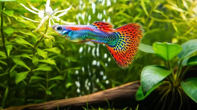 A vibrant male guppy swims in a freshwater aquarium