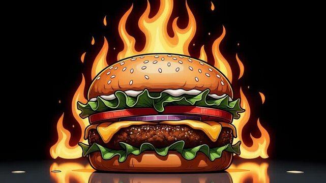 A cartoon style burger with flames in the background, a digital illustration of a fast food meal with cheese, lettuce, and tomato