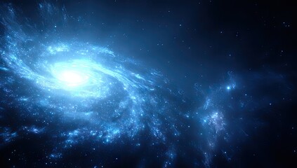 A stunning depiction of a spiral galaxy, showcasing vibrant blues and a deep dark space background.