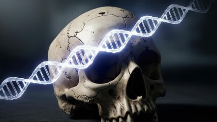 A dramatic image of a human skull with a glowing dna helix, symbolizing science, genetics, and the mysteries of life and death in a dark setting - Powered by Adobe