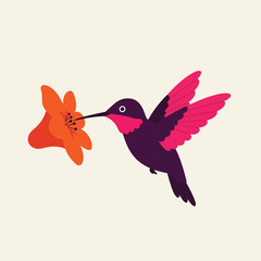 Obraz premium Hummingbird Drinks Nectar From Flower in Natural Habitat Illustration