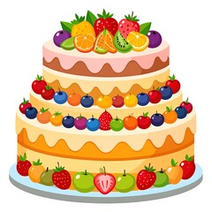 A multi-tiered cake adorned with a vibrant array of fresh fruits, showcasing a cheerful and celebratory design.