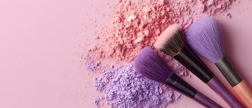 Chic pink and purple makeup brushes and powder on pink surface  

