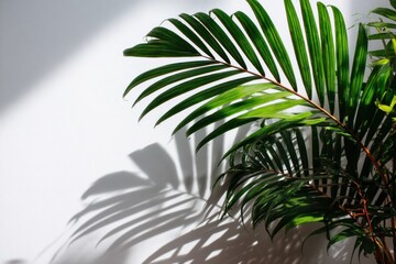Green palm leaves cast a shadow on a white wall in sunlit indoor scene, minimalist