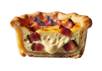 A single golden-brown, macro-photographed mini quiche, cut to reveal silky, steaming egg custard with smoky bacon and flaky crust, on transparent. Concept of gourmet food display