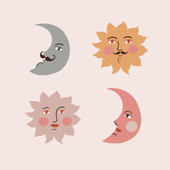 Vector half moon and sun illustration. Alchemy symbols sticker set. Cute mystical card design or print for t-shirt.