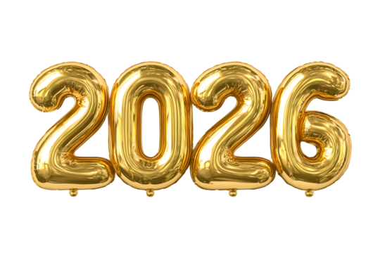 New year 2026 gold balloon numbers isolated on transparent background, png