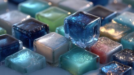 Close-up of colorful ice cubes arranged artistically with glistening surfaces and reflections