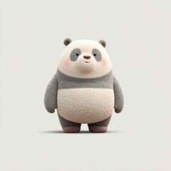Fototapeta premium A charming stuffed panda bear with a grey and white outfit stands still against a plain white background, presenting a playful and cuddly appearance. Perfect for toy collectors and decoration.