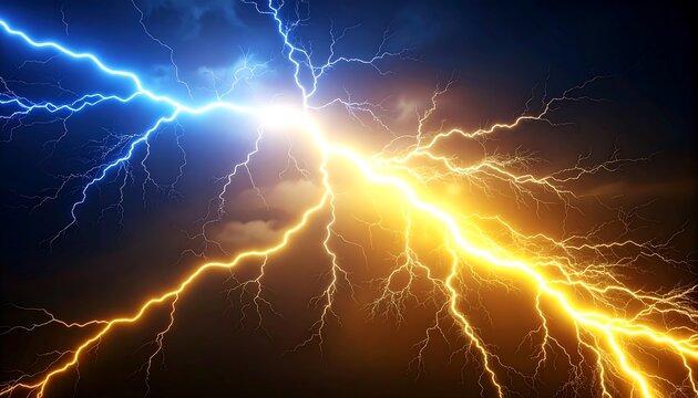 Two lightning bolts clash in a dark sky, one blue, one gold