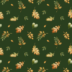 Oak Rowan Leaves Autumn forest gold foliage Watercolor hand painted floral seamless pattern on dark green background