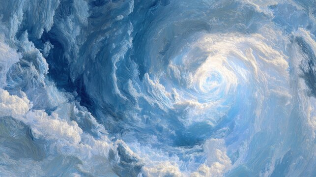 Swirling blue and white painterly cloud vortex for tech startups, cosmic energy visuals, digital art installations, adventure travel campaigns

