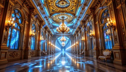 Obraz premium Immersive baroque palace hall filled with glowing holographic chandeliers