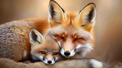 Tender moment: mother and young fox embrace in nature. Mother's Day, Mothering Sunday, Dia de la Madre - Global Maternal Celebration, Worldwide Family Holiday