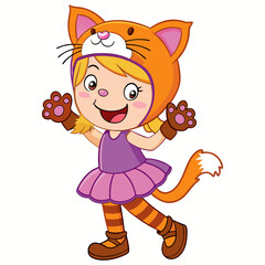 Cute Little Girl in Cat Costume Halloween Vector Illustration
