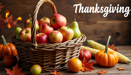 Abundant harvest basket filled with apples pears pumpkins corn and autumn leaves autumn harvest thanksgiving
