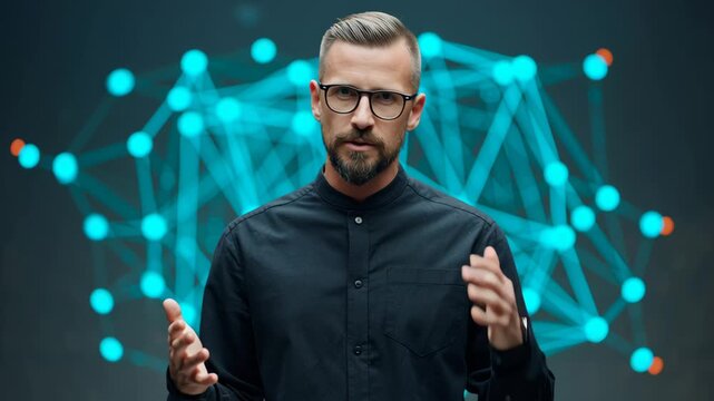 Confident startup founder with glasses and beard presenting innovative fundraising event featuring digital network background