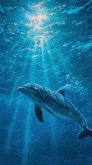 Fototapeta premium Sunlight streams down on a dolphin in deep blue water