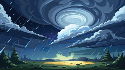 Night nature landscape with rain and moon. Cartoon vector illustration of stormy night sky.