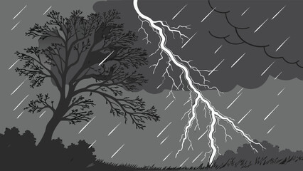 Vector illustration of a thunderstorm in the forest. A lightning strike.