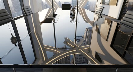 Naklejka premium Reflective Skyscraper Office Floor with City View Below.