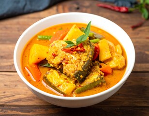 Fototapeta premium A bowl of vibrant curry featuring fish, vegetables, and spices, rich in color and flavor.