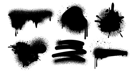 Graffiti Spray Paint spots Elements Collection.Set of black spray paint shapes with drips, splashes, blobs, and grunge smears, for graffiti designs, urban art, posters, backgrounds. Vector