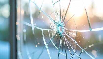 Shattered window Close-up of a cracked glass pane with a radiating pattern, sunlight