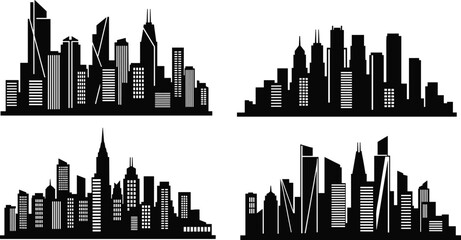 Fototapeta premium Flat vector illustration of black city skylines, modern urban silhouettes, architecture skyline icons, tall buildings, downtown skyline set, design bundle