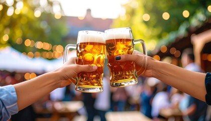 Two people toasting beer mugs outdoors