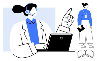 Customer service representative wearing a headset, pointing while using a laptop, paired with standing figure holding documents and an open book. Ideal for communication, support, technology