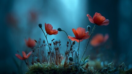 Obraz premium Moody closeup of red poppies against a blurred, serene blue backdrop