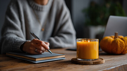 Cozy atmosphere for thanksgiving celebrations with warm candle, notebook, and pen, perfect for remote workers to inspire creativity