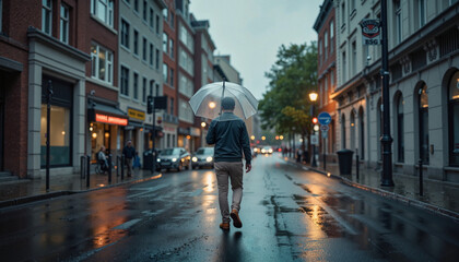 Fototapeta premium A lone man walks under a clear umbrella on a rainy city street, the wet pavement reflecting the streetlights, creating a mood shot for blogs or articles.