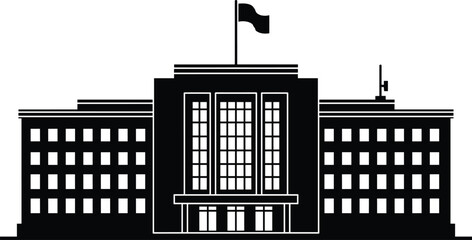 Government building icon, public administration architecture, city hall silhouette, institutional facility, official structure, black facade design, urban landmark vector illustration