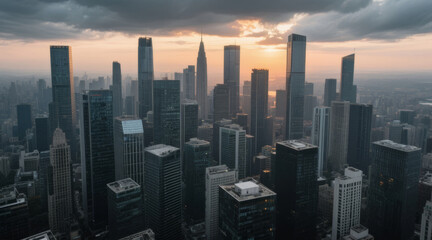 Dense City High-Rise Skyline Sunset Dusk Modern Urban Background