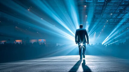 Startup founder walks confidently stage fundraising event with bright lights, inspiring atmosphere, and engaged business audience