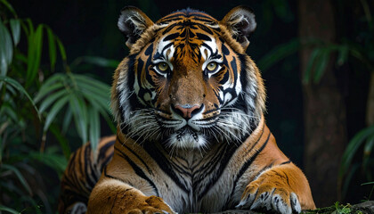 Naklejka premium Sumatran Tiger Resting in Jungle Foliage