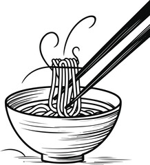 Minimal noodle bowl line art vector, abstract chopsticks holding noodles, clean doodle style Asian food icon 1