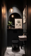 Dark, moody bathroom with art and plants