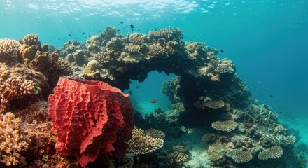 Naklejka premium Vibrant underwater archway formed by coral reef with red sponge